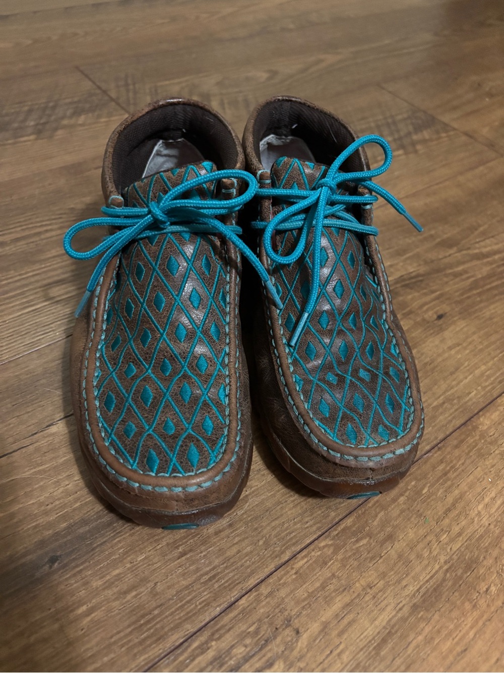 Twisted X Brown and Teal Diamond-Pattern Lace-Up Driving Moccasins